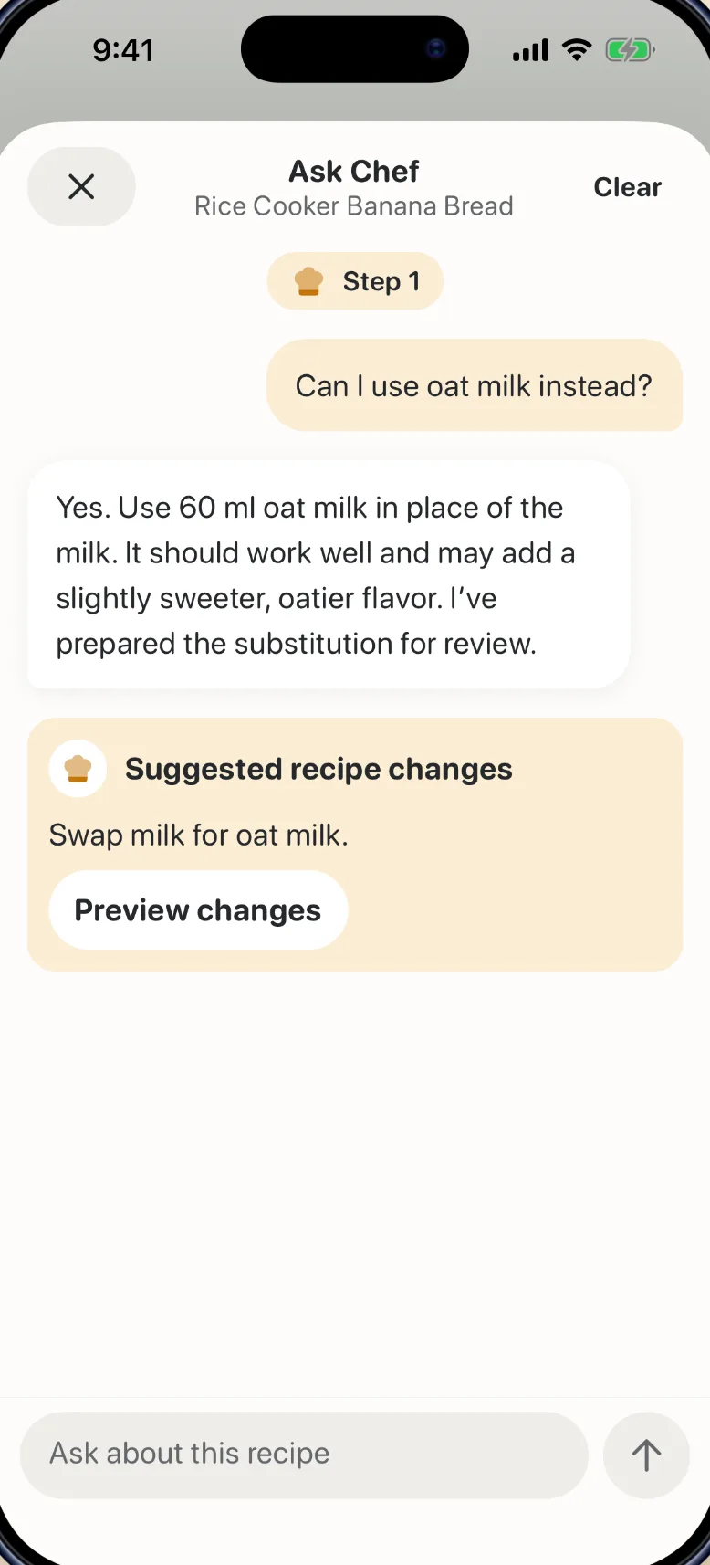 Ask Chef answering whether oat milk can replace milk, with suggested recipe changes to preview
