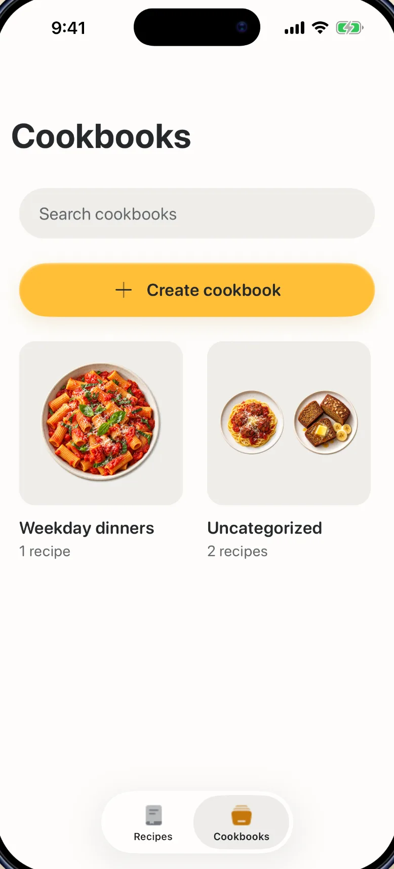 Cookbooks screen with Weekday dinners and Uncategorized cookbooks