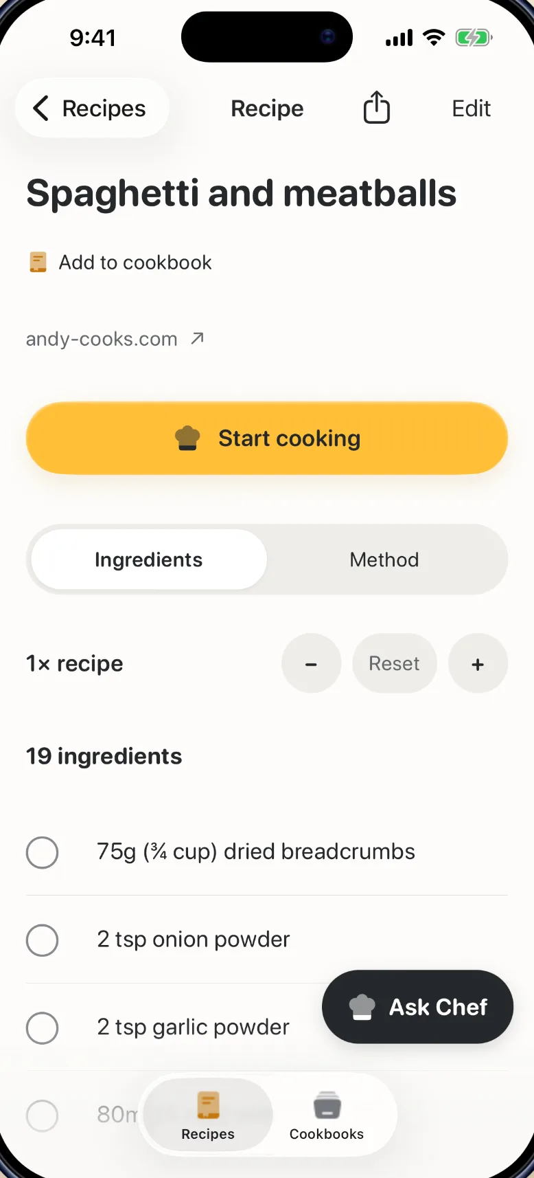 Ingredient list with serving scale controls and checkboxes