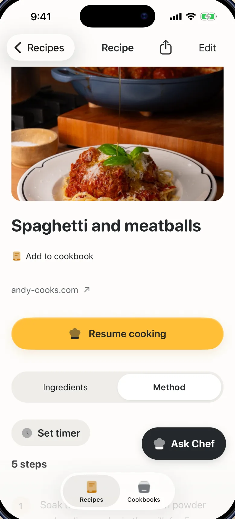 The same spaghetti and meatballs saved in RecipeParcel, with a Start cooking button