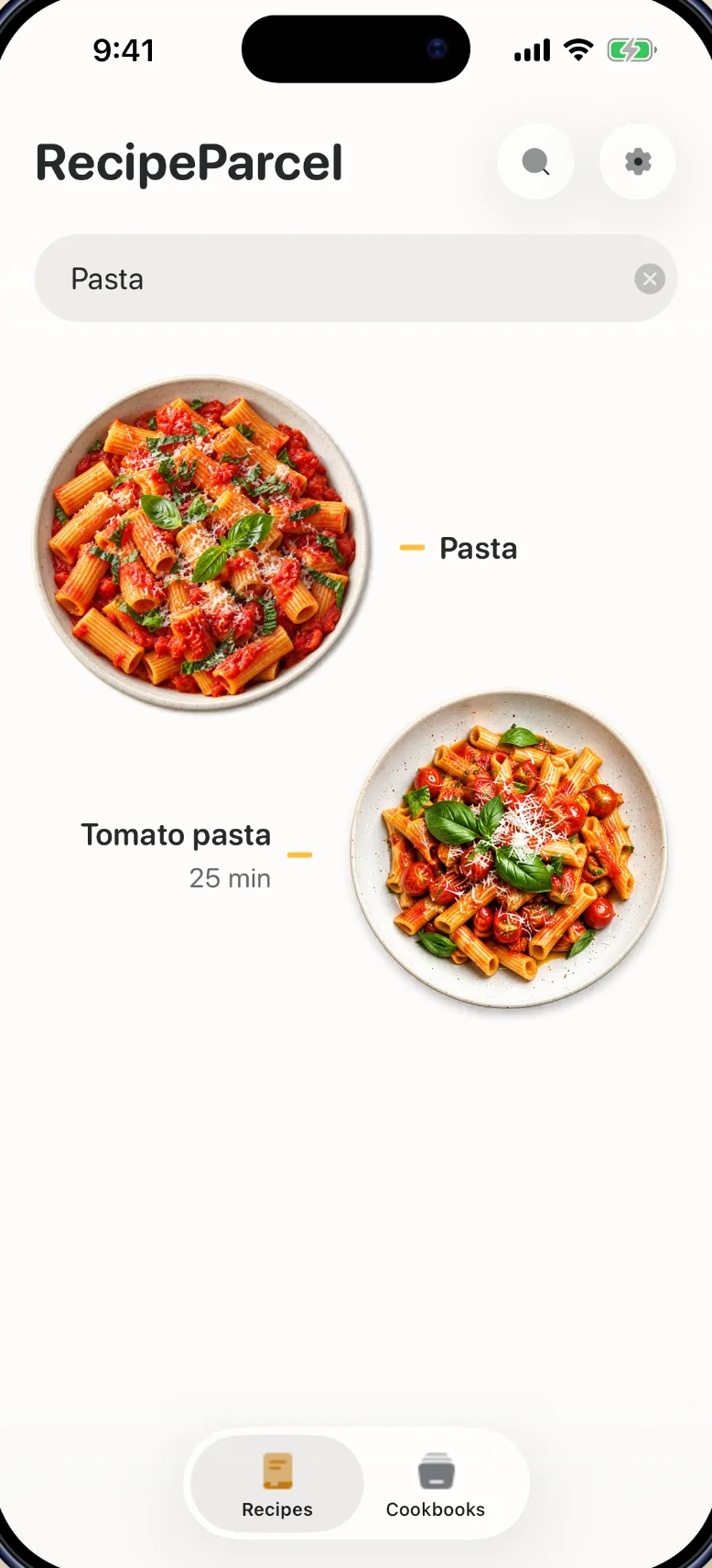 Searching saved recipes for pasta